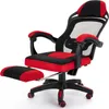 A red and black gaming chair with a footrest is shown against a white background. Produktbild-Vorschau