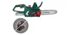 A cordless chainsaw with a battery and charger shown in a separate circular inset. Produktbild-Vorschau