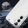 A clear phone case is shown on a dark, rocky background, with a close-up inset showing the corner protection. Produktbild-Vorschau