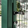 A close-up of a green metal garden gate with a black handle and a silver key in the lock. Produktbild-Vorschau