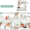 A collage of images showing the steps to thread a sewing machine, with a main image of the sewing machine itself. Produktbild-Vorschau