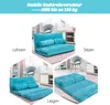 A collage of three images showing a blue floor sofa in different configurations: as a sofa with backrests, as a reclined sofa, and as a flat bed. Text labels indicate 'Lehnen' (backrests), 'Sitzen' (sitting), and 'Liegen' (lying). A header states 'Stabile  Voir les images du produit