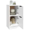 A white cabinet with two doors open, showing shelves with kitchen items. Produktbild-Vorschau