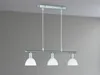 A three-light pendant lamp hanging from a ceiling against a gray wall. Produktbild-Vorschau
