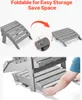 Collage showing an ottoman in folded and unfolded states, with a close-up of the folding mechanism, and a person interacting with the ottoman. Podgląd zdjęcia produktu