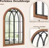 A decorative arched mirror with a wooden frame and black metal detailing, shown with close-up views of its features. Náhľad obrázku produktu