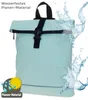 A light green backpack with water splashing around it, indicating it is waterproof. Produktbild-Vorschau