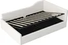 A white upholstered daybed with its wooden slat mattress support system raised to reveal storage space underneath. Voir les images du produit