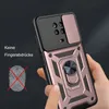 A hand holding a rose gold phone case with a camera slider and ring holder. Produktbild-Vorschau