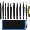 A set of precision tweezers and a cleaning tool laid out on a white background, with a black and blue carrying case below. Produktbild-Vorschau