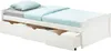 A white bed frame with three drawers. It has a gray mattress, a light blue fitted sheet, and a light blue pillow. Produktbild-Vorschau