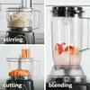 A collage of three images showing a food processor and a blender in different stages of use: stirring, cutting, and blending. Produktbild-Vorschau