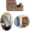 A collage of images showing a wooden stand for books or tablets, and examples of its use. Produktbild-Vorschau