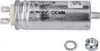A silver capacitor with electrical connectors and a threaded bolt, along with a washer and nut, are displayed against a white background. Produktbild-Vorschau