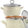Two cream-colored pots with black speckles and silver rims, one with a glass lid and the other filled with soup. Podgląd zdjęcia produktu