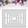 A set of nested rectangle cutting dies with a decorative edge and stitched lines, presented on a white background. The background also features blurred craft supplies like ribbons and flowers. Náhled obrázku produktu