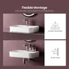 Two bathroom sinks are shown, one on a vanity and one wall-mounted, with accompanying diagrams illustrating mounting options. Voir les images du produit