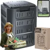 A collage showing a compost bin, a woman holding vegetables, and a product box. Produktbild-Vorschau