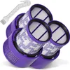 A set of three purple vacuum cleaner filters and a cleaning tool are arranged on a white background. Produktbild-Vorschau