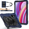 A collage of images showing a dark blue tablet case with various features and angles, including a hand holding it with a strap, and a close-up of the case with a tablet screen visible. Voir les images du produit
