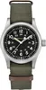 A close-up studio shot of a Hamilton Khaki Field Mechanical watch with a green NATO strap. Podgląd zdjęcia produktu