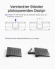 Diagrams and photos illustrating how to deploy a hidden stand on a tablet keyboard. Produktbild-Vorschau