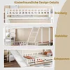 A collage of three images showcasing different features of a white wooden bunk bed with a slide and shelves. Produktbild-Vorschau