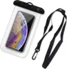 A transparent waterproof phone pouch with a smartphone inside and a black lanyard. Produktbild-Vorschau