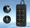 A black power strip with multiple outlets and USB ports is displayed against a gradient blue and white background. Produktbild-Vorschau
