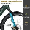 Close-up of an e-bike's front suspension and wheel, with marketing text and icons highlighting features. Produktbild-Vorschau