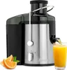 A Clatronic juicer is shown in operation, with orange juice being poured into a glass. Slices of orange are placed in the foreground. Produktbild-Vorschau