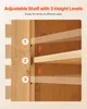 Close-up of a wooden shelf with adjustable height levels indicated by numbered circles and arrows. Voir les images du produit