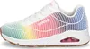A side view of a white Skechers Uno sneaker with a rainbow gradient mesh overlay and a visible air cushion in the sole. Voir les images du produit