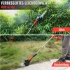 A split image showing a hedge trimmer being used on bushes in the top panel and a grass shear being used on grass in the bottom panel. Produktbild-Vorschau