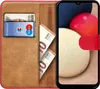 A book-style phone case with a Samsung Galaxy A02s phone inside, showing a card and euro banknotes in the case's slots. Produktbild-Vorschau