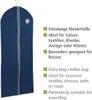 A dark blue garment bag with white trim and a circular opening, shown next to descriptive text in German and English. Produktbild-Vorschau