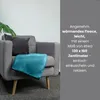 A turquoise fleece blanket is draped over a gray armchair, with a dark gray cushion and a green plant leaf visible. Text is overlaid on the right side of the image. Náhled obrázku produktu