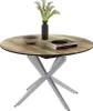 A round dining table with a wood-look top and a metal base, decorated with a vase of flowers and a bowl. Anteprima dell’immagine prodotto