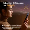 A woman is shown looking at a smartphone, with lines emanating from the phone to her face, illustrating face ID technology. Text overlays describe the features. Produktbild-Vorschau