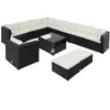 A black and cream outdoor sectional sofa set with a coffee table and ottomans, displayed on a white background. Produktbild-Vorschau