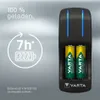 A VARTA battery charger with two AA batteries inserted, displaying charging status and information. Voir les images du produit