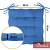 A blue square seat cushion with ties, showing dimensions and a close-up of its thickness. Produktbild-Vorschau