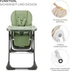 A green Kinderkraft TUMMIE high chair is shown from the front, with inset images highlighting features on the right side. Produktbild-Vorschau