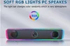 A product image of a computer speaker bar with RGB lighting, with text overlays describing its features. Produktbild-Vorschau
