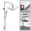 A shower system with a hand shower and a square overhead shower, shown with marketing text and close-up images of features. Anteprima dell’immagine prodotto