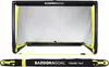 A black and yellow mini soccer goal is shown on a white background, with a folded version of the goal below it. Produktbild-Vorschau