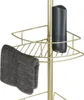 A close-up of a gold-colored corner shower caddy with a bottle of shampoo and a gray towel. Podgląd zdjęcia produktu