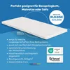 A white mattress topper is shown on a blue background with text and logos. Produktbild-Vorschau