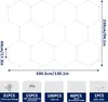 A diagram showing the dimensions and components of a set of hexagonal LED lights. Voir les images du produit