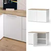 A collage of images showing a white corner cabinet with a wood-tone top, both assembled and in parts, and a close-up of a similar cabinet in a room setting. Náhled obrázku produktu